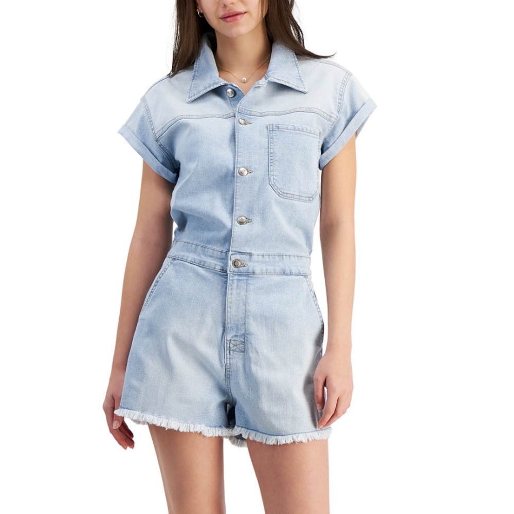 Celebrity Pink Women’s Denim Festival Frayed Hem Light Blue Jean Romper Western